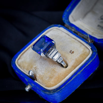 Art Deco Blue Sapphire Sterling Silver Coctail Dress Ring | Antique Vintage