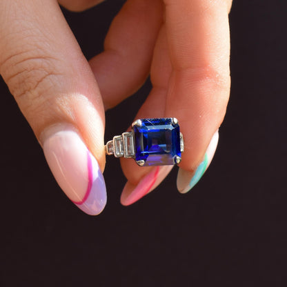 Art Deco Blue Sapphire Sterling Silver Coctail Dress Ring | Antique Vintage