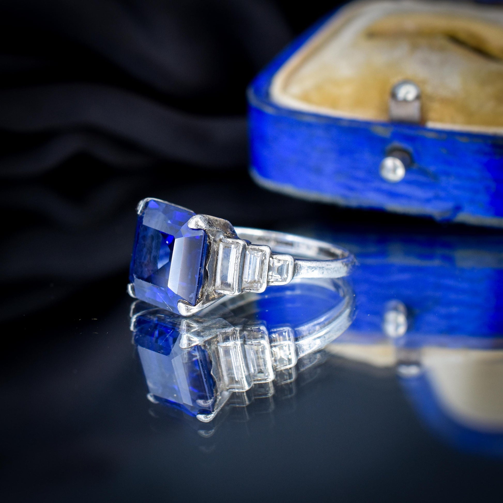 Art Deco Blue Sapphire Sterling Silver Coctail Dress Ring | Antique Vintage