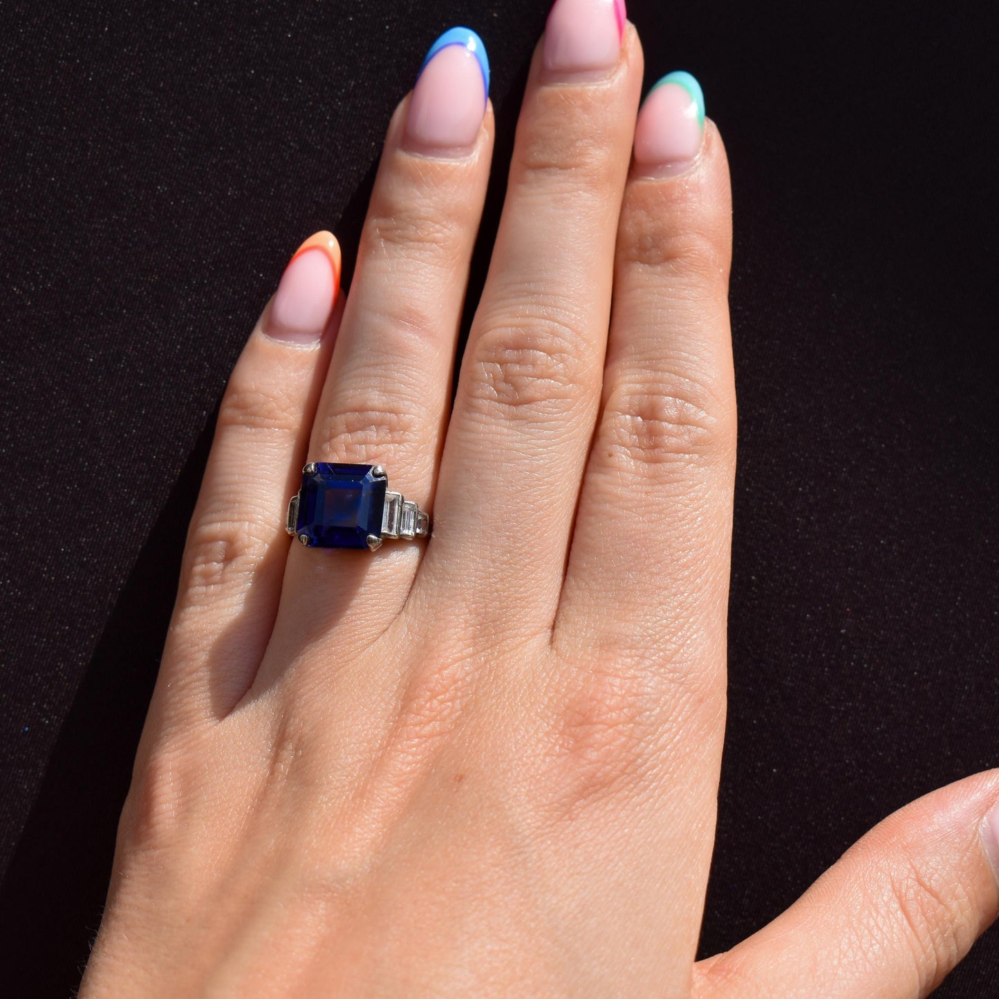 Art Deco Blue Sapphire Sterling Silver Coctail Dress Ring | Antique Vintage