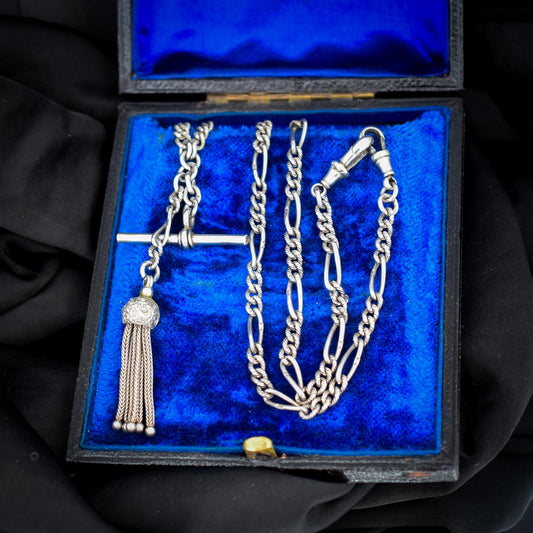 Antique Sterling Silver Figaro Double Albert Watch Chain Necklace with T-bar and Tassel– 16.5″