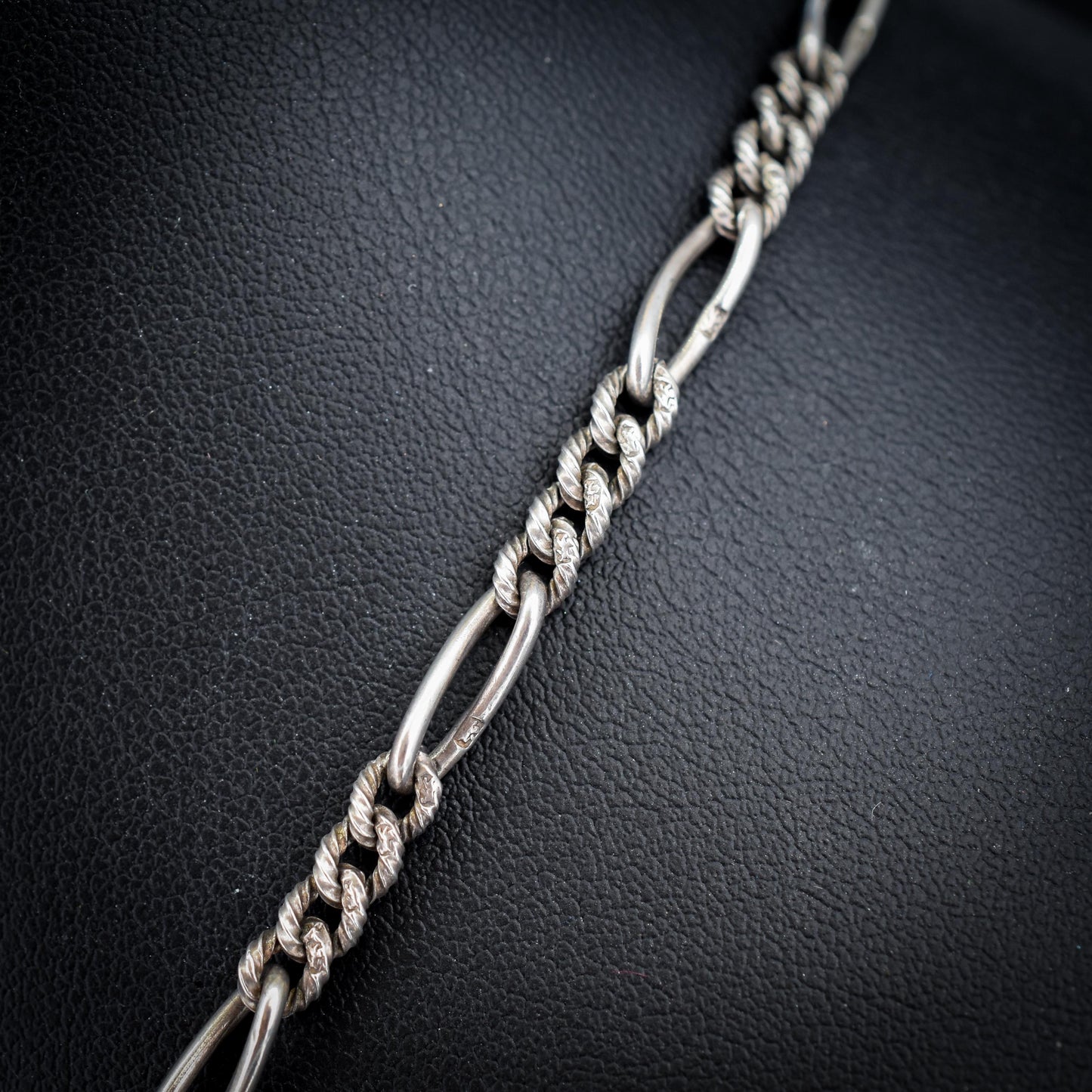 Antique Sterling Silver Figaro Double Albert Watch Chain Necklace with T-bar and Tassel– 16.5″