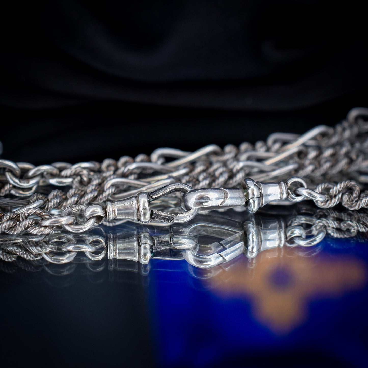 Antique Sterling Silver Figaro Double Albert Watch Chain Necklace with T-bar and Tassel– 16.5″