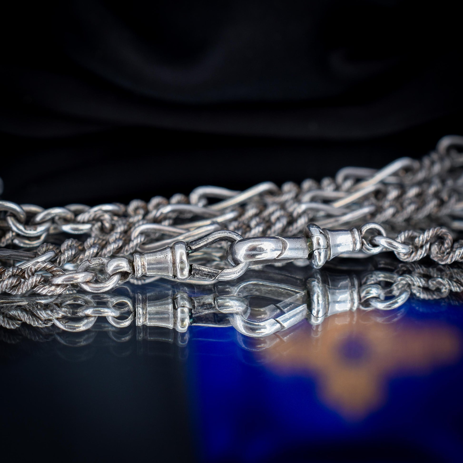 Antique Sterling Silver Figaro Double Albert Watch Chain Necklace with T-bar and Tassel– 16.5″