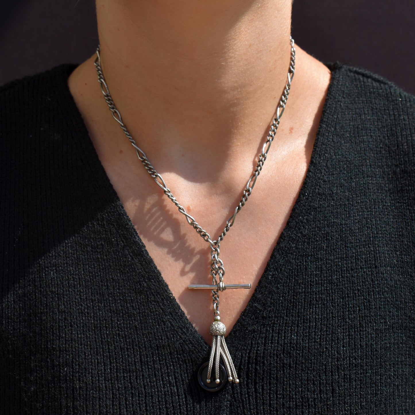 Antique Sterling Silver Figaro Double Albert Watch Chain Necklace with T-bar and Tassel– 16.5″