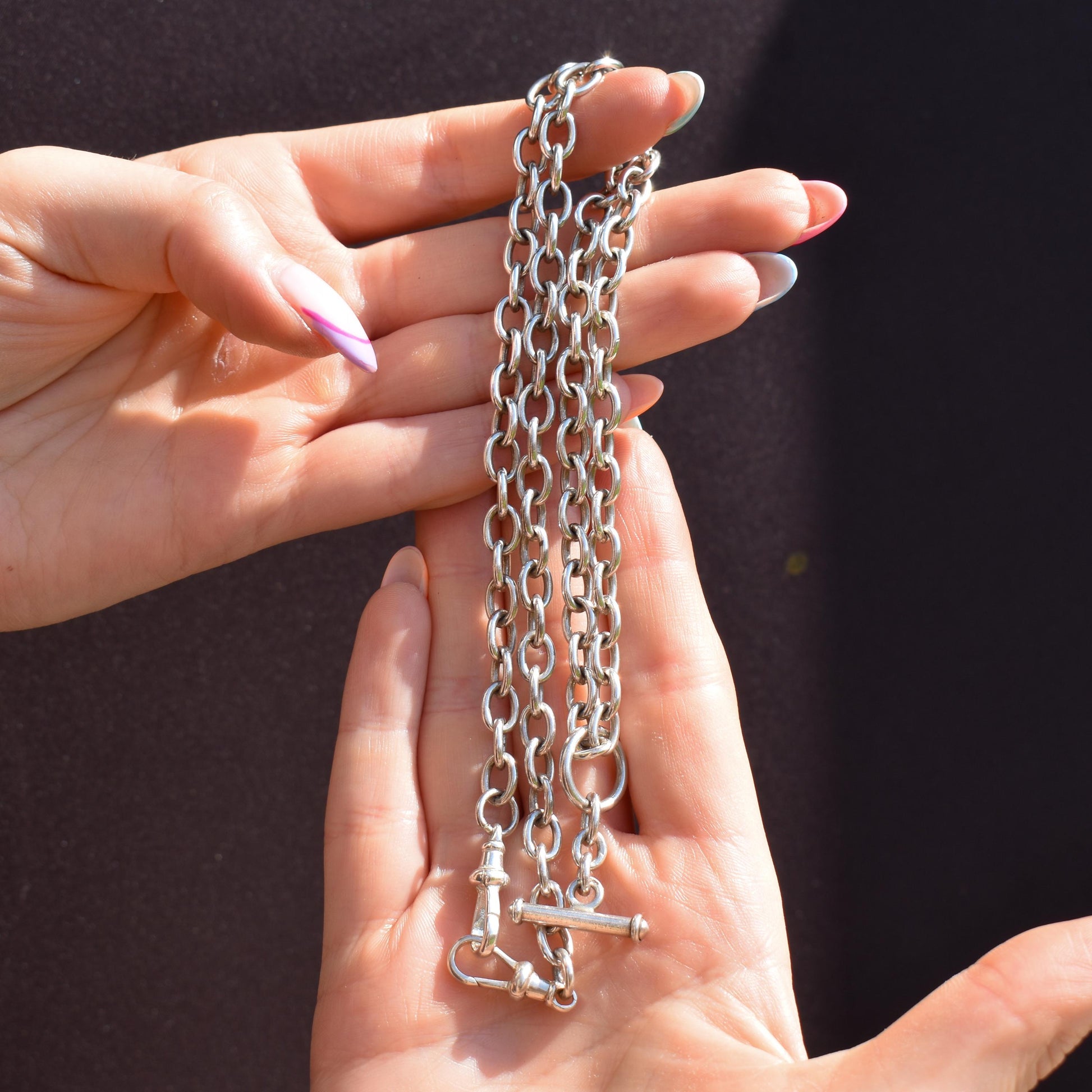 Vintage Sterling Silver Cable Link Watch Chain Necklace with T-Bar and Dog Clips – 22.5"