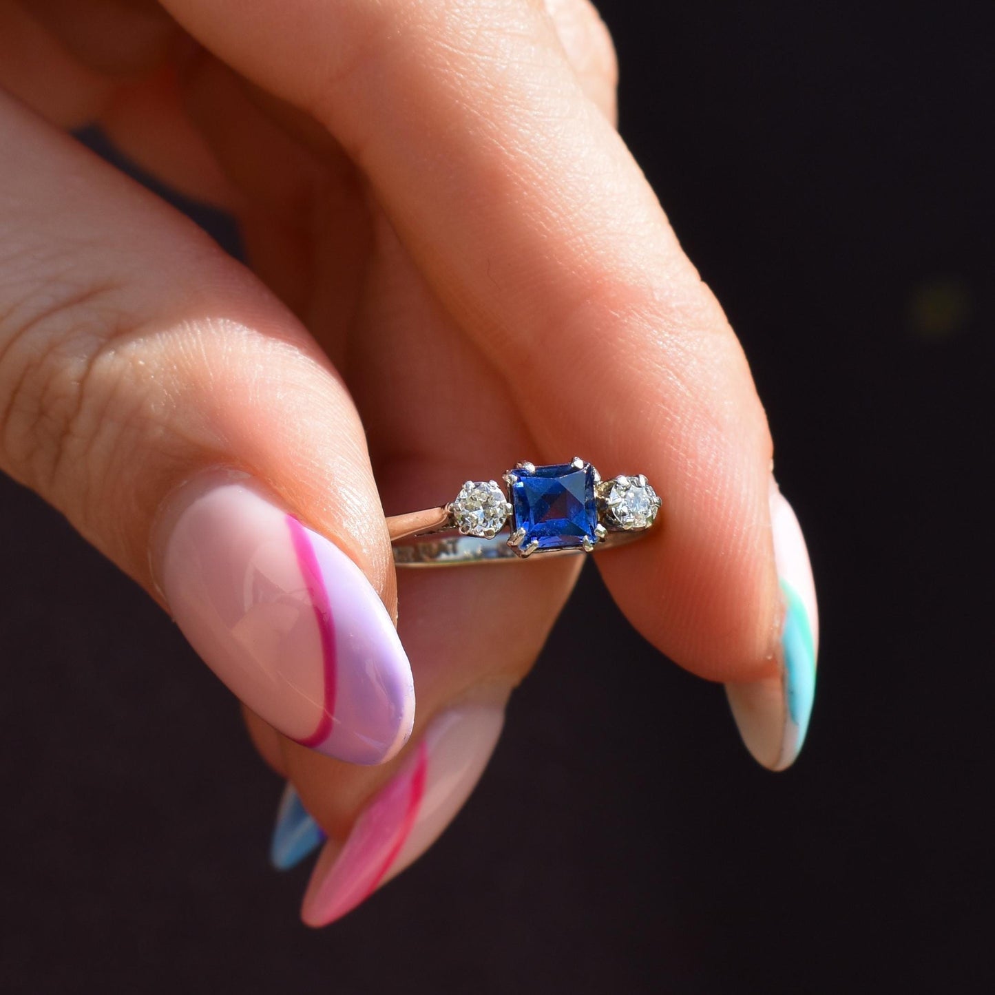 Art Deco Blue Sapphire and Diamond 18ct White Gold and Platinum Ring