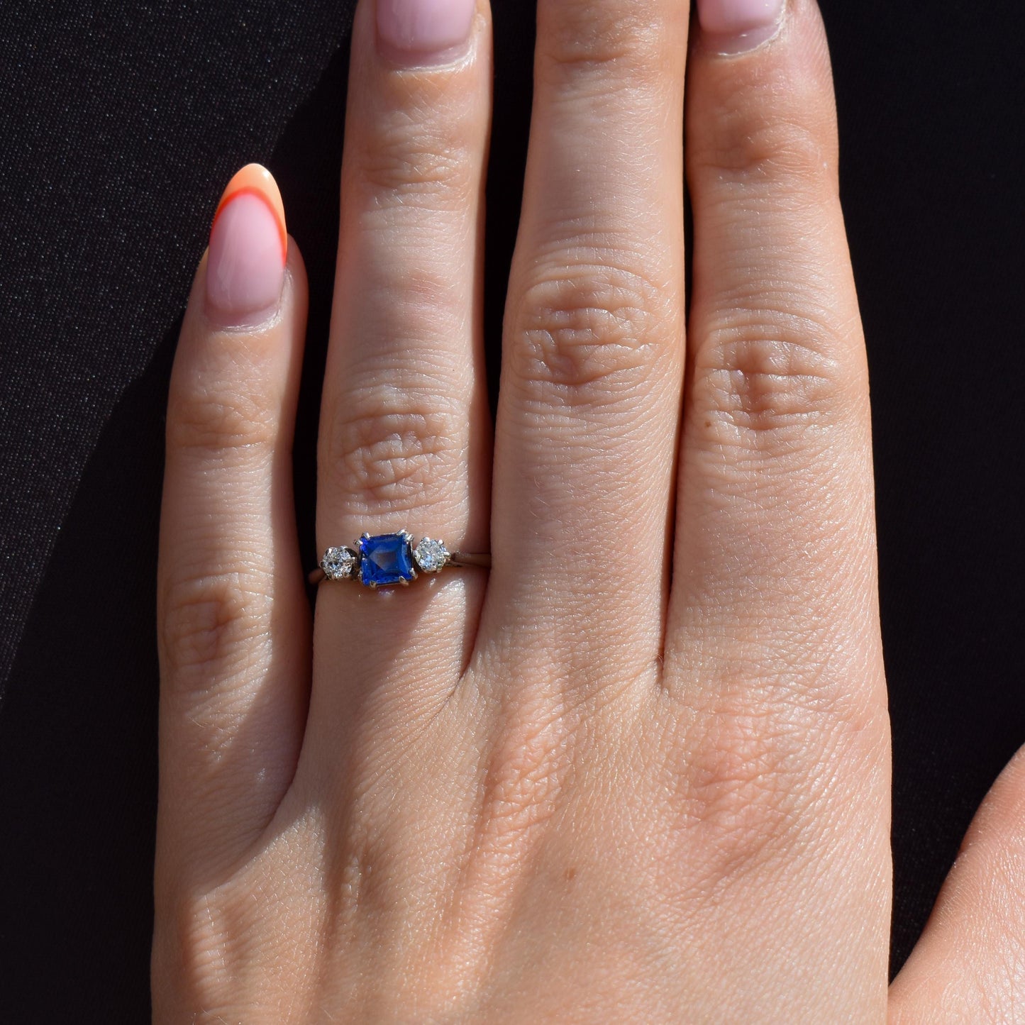 Art Deco Blue Sapphire and Diamond 18ct White Gold and Platinum Ring