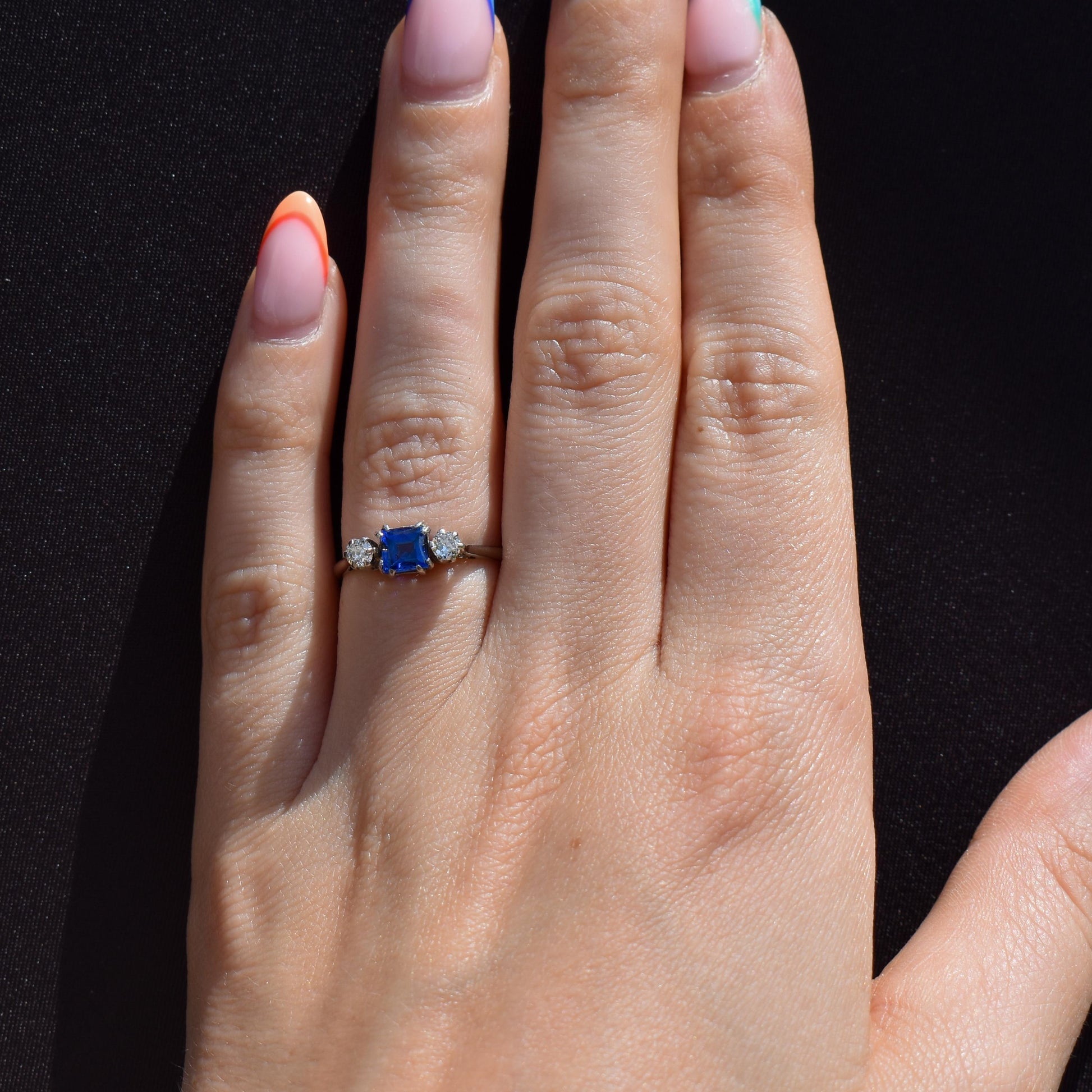 Art Deco Blue Sapphire and Diamond 18ct White Gold and Platinum Ring