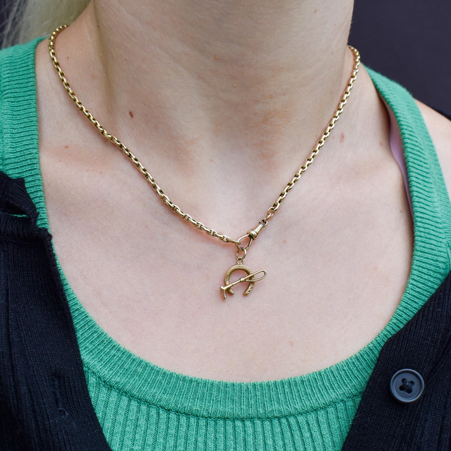Antique 9ct Gold Lucky Horseshoe and Riding Crop Charm Pendant