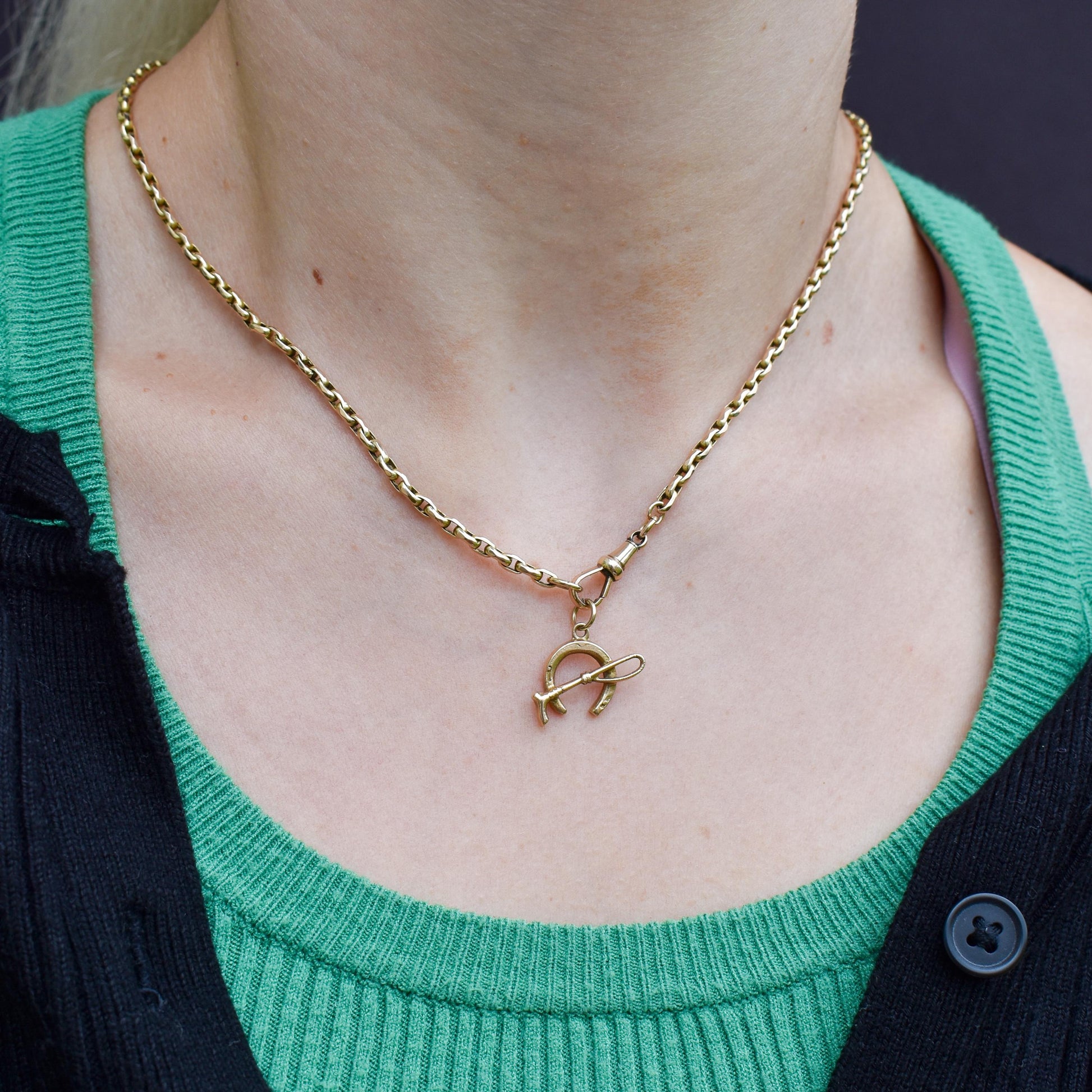 Antique 9ct Gold Lucky Horseshoe and Riding Crop Charm Pendant