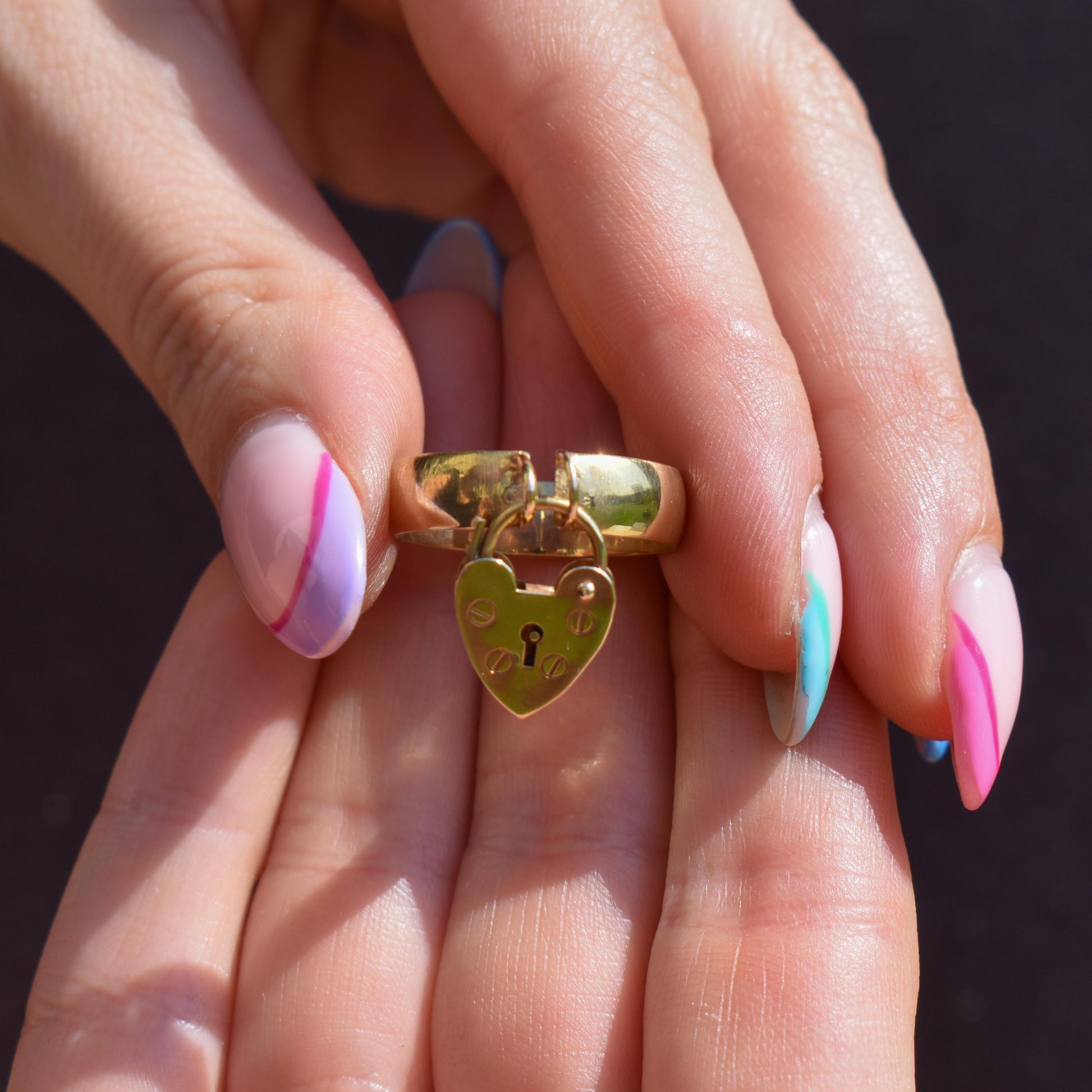 Antique Heart Padlock Drop 9ct Gold Band Ring