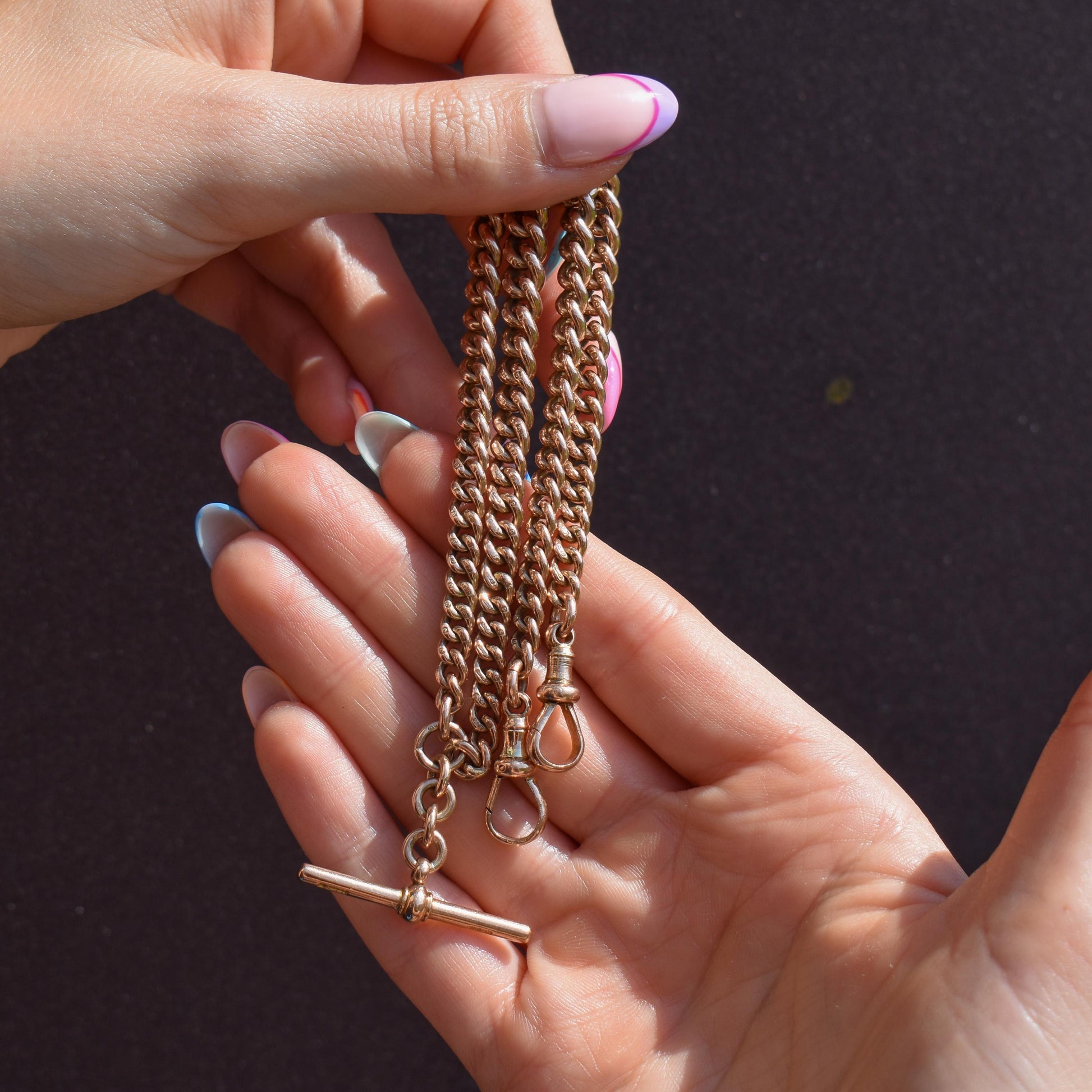 Antique 15.5" 9ct Gold Double Dog Clip Albert Curb Watch Chain Necklace