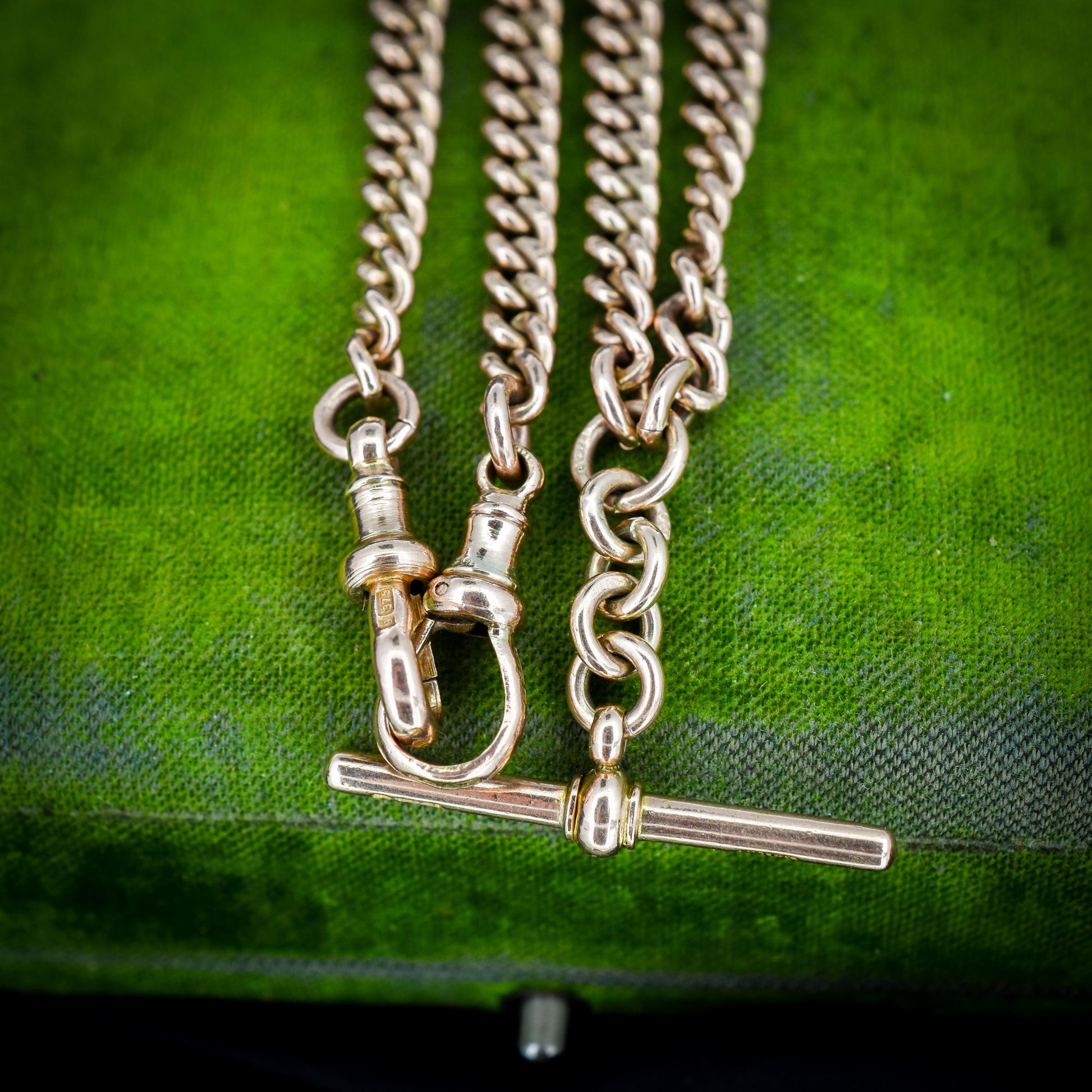 Antique 15.5" 9ct Gold Double Dog Clip Albert Curb Watch Chain Necklace