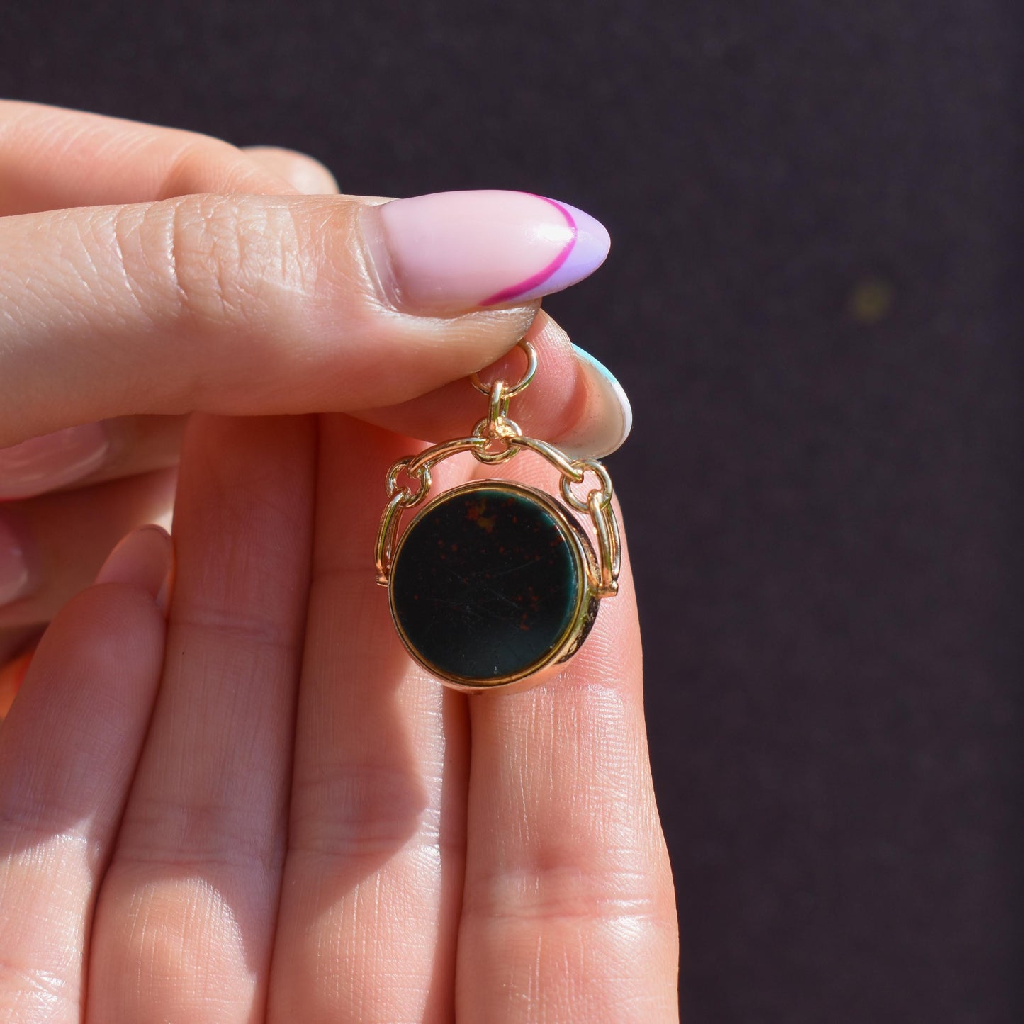 Antique Bloodstone and Carnelian 9ct Gold Spinning Swivel Fob Pendant | Dated 1889