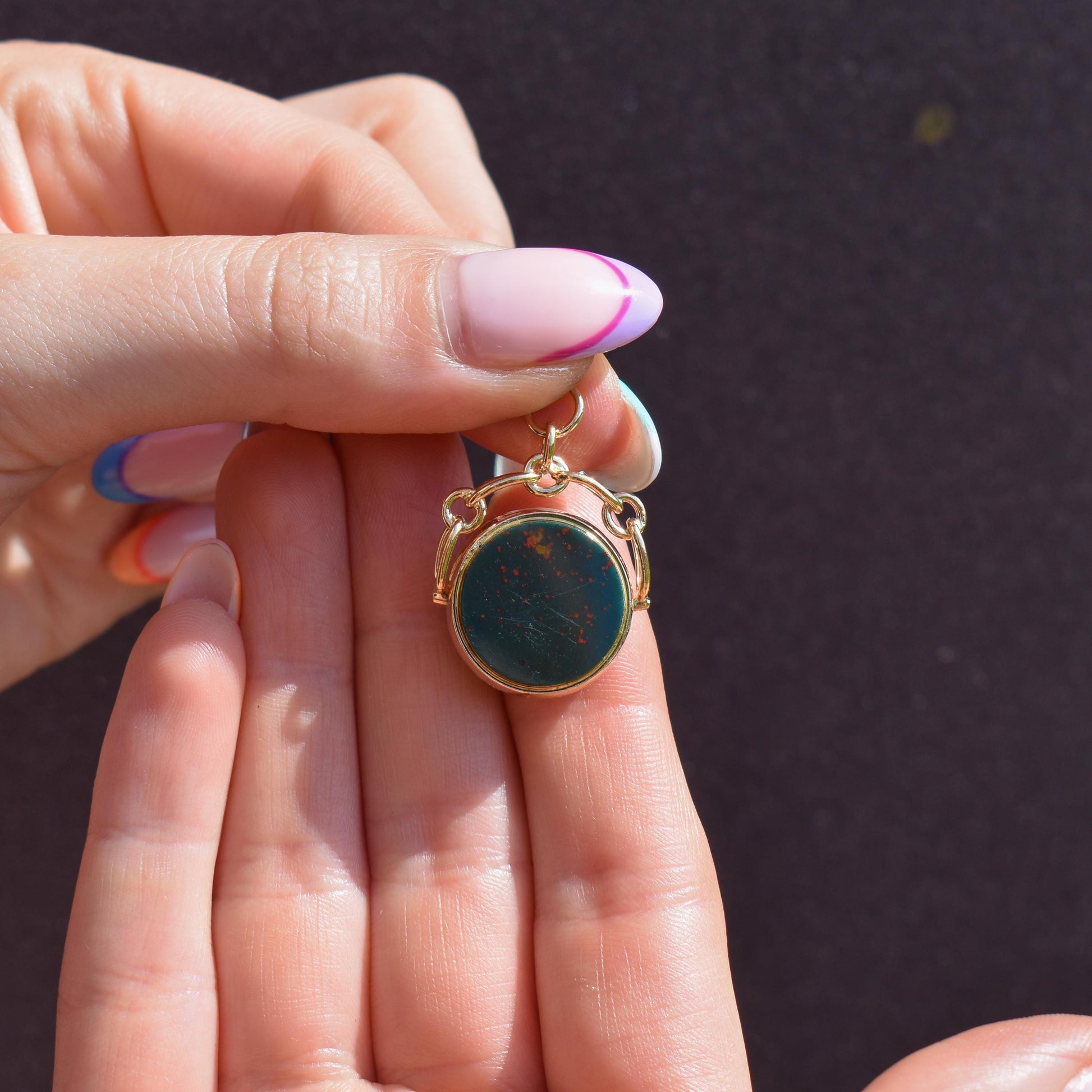 Antique Bloodstone and Carnelian 9ct Gold Spinning Swivel Fob Pendant | Dated 1889
