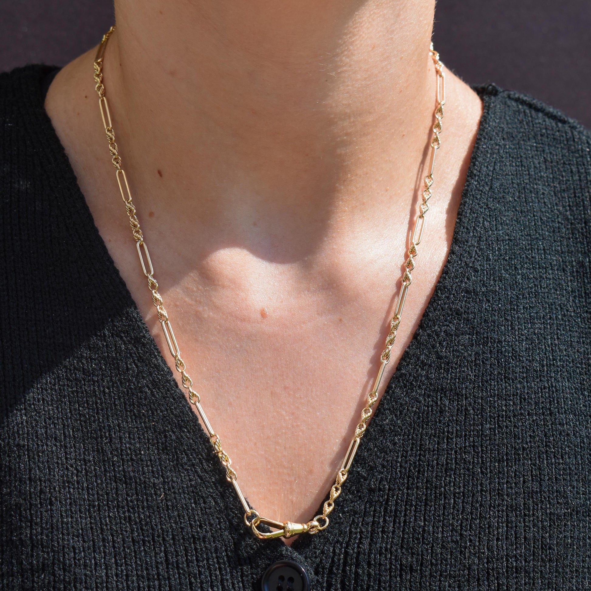 Antique 15ct Yellow Gold Trombone and Love Knot Chain Necklace with Dog Clip | 20.5"
