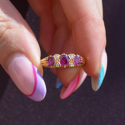 Vintage Ruby and Diamond Three-Stone 18ct Yellow Gold Scroll Ring