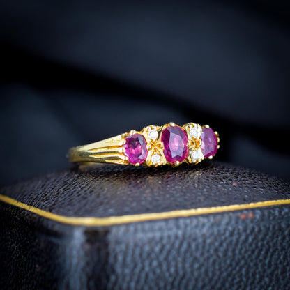 Vintage Ruby and Diamond Three-Stone 18ct Yellow Gold Scroll Ring