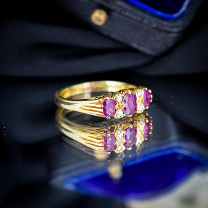 Vintage Ruby and Diamond Three-Stone 18ct Yellow Gold Scroll Ring