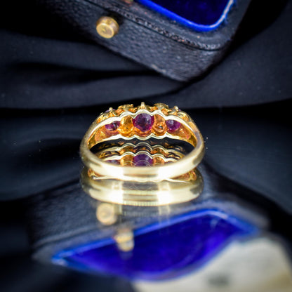 Vintage Ruby and Diamond Three-Stone 18ct Yellow Gold Scroll Ring