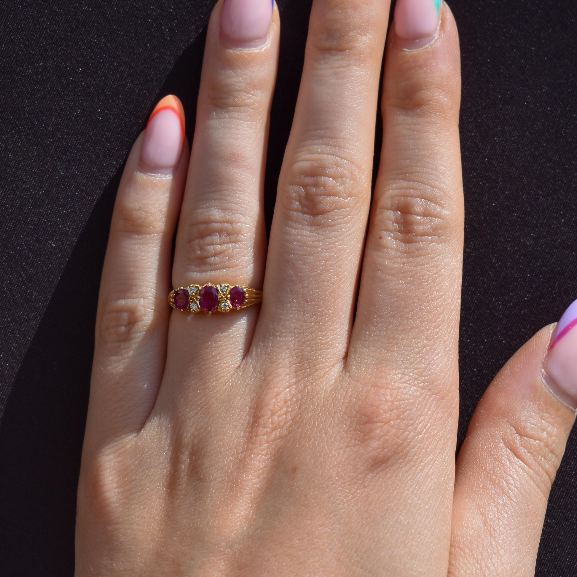 Vintage Ruby and Diamond Three-Stone 18ct Yellow Gold Scroll Ring
