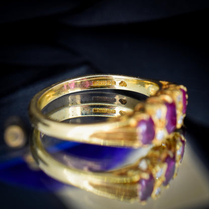 Vintage Ruby and Diamond Three-Stone 18ct Yellow Gold Scroll Ring