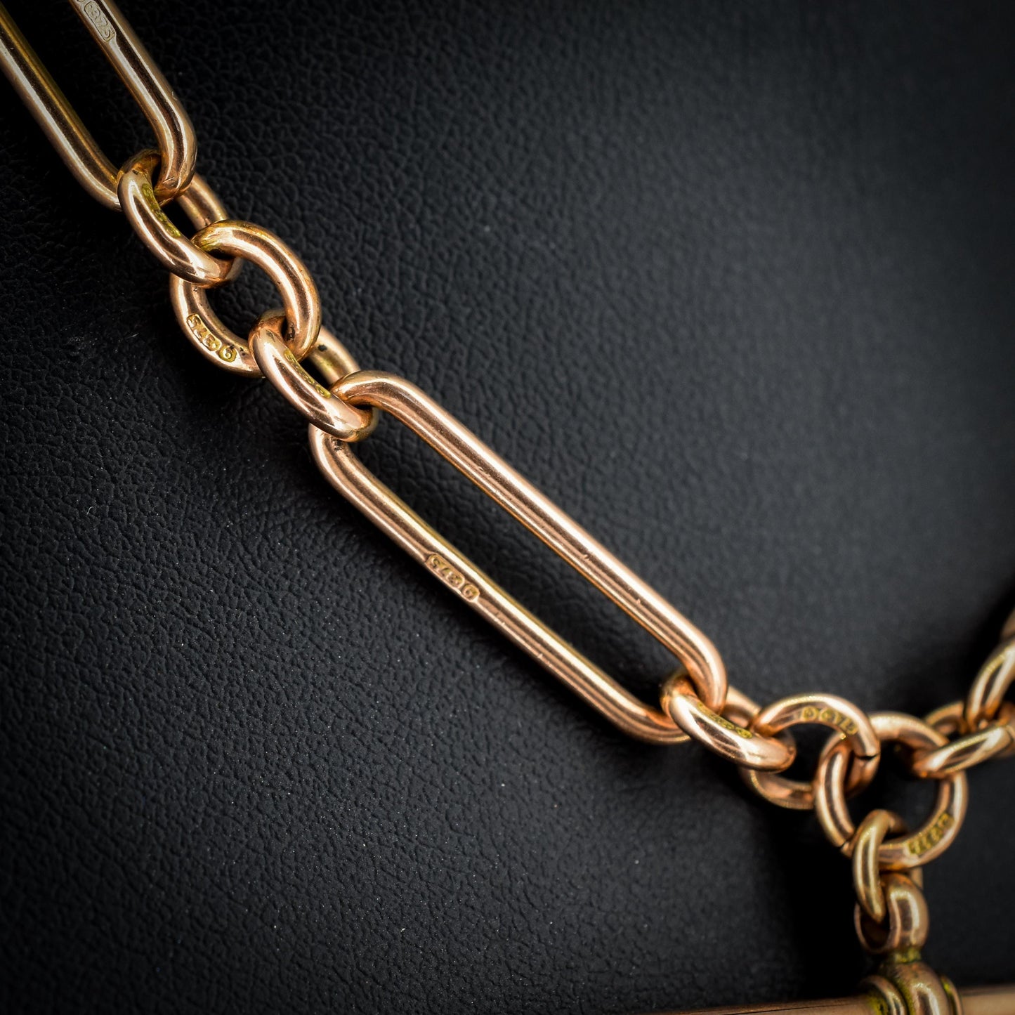Antique 9ct Rose Gold Trombone Link Albert Chain with Dog Clips and T-Bar | 16.5" length