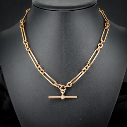Antique 9ct Rose Gold Trombone Link Albert Chain with Dog Clips and T-Bar | 16.5" length