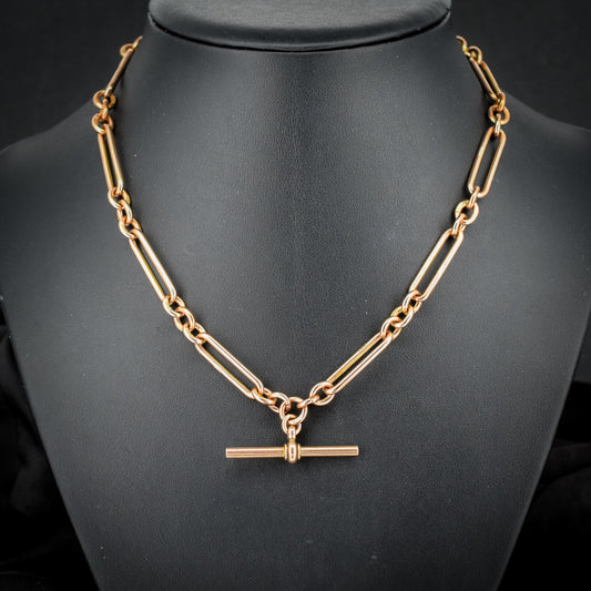 Antique 9ct Rose Gold Trombone Link Albert Chain with Dog Clips and T-Bar | 16.5" length