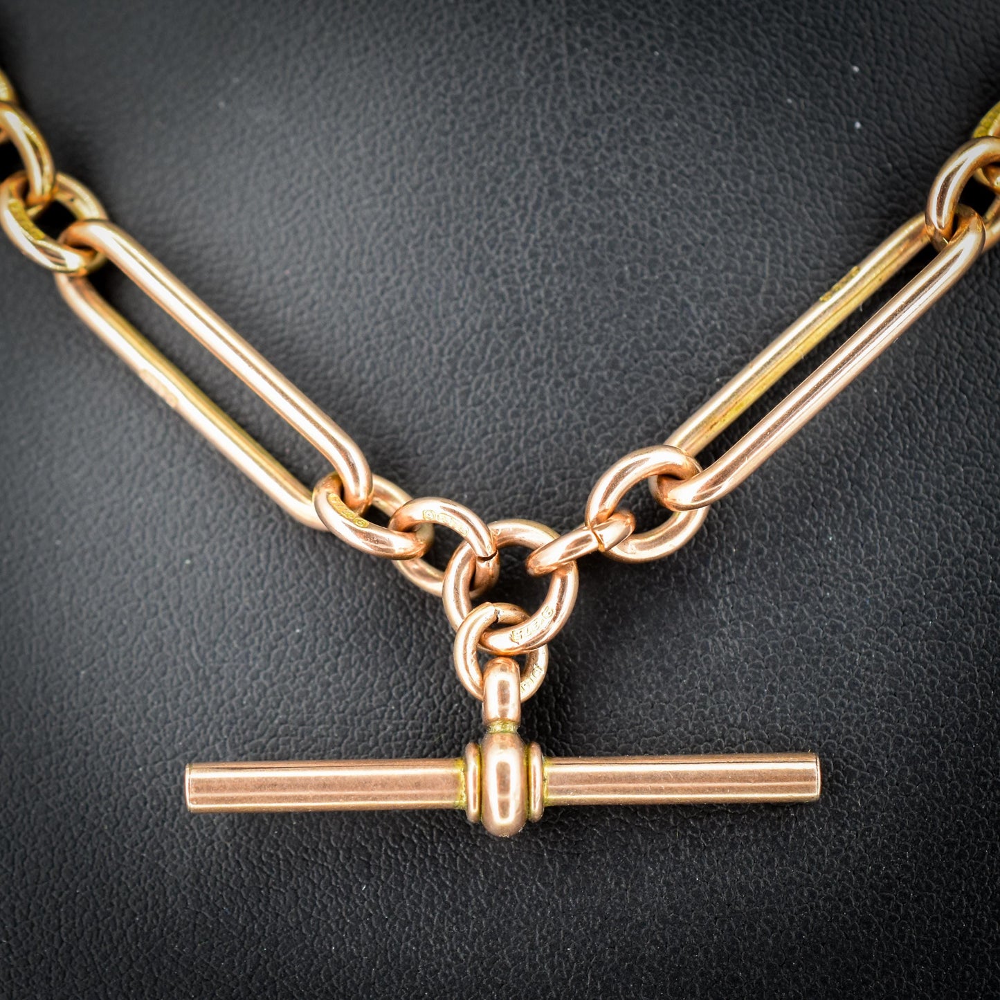 Antique 9ct Rose Gold Trombone Link Albert Chain with Dog Clips and T-Bar | 16.5" length