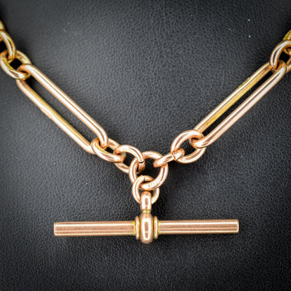 Antique 9ct Rose Gold Trombone Link Albert Chain with Dog Clips and T-Bar | 16.5" length