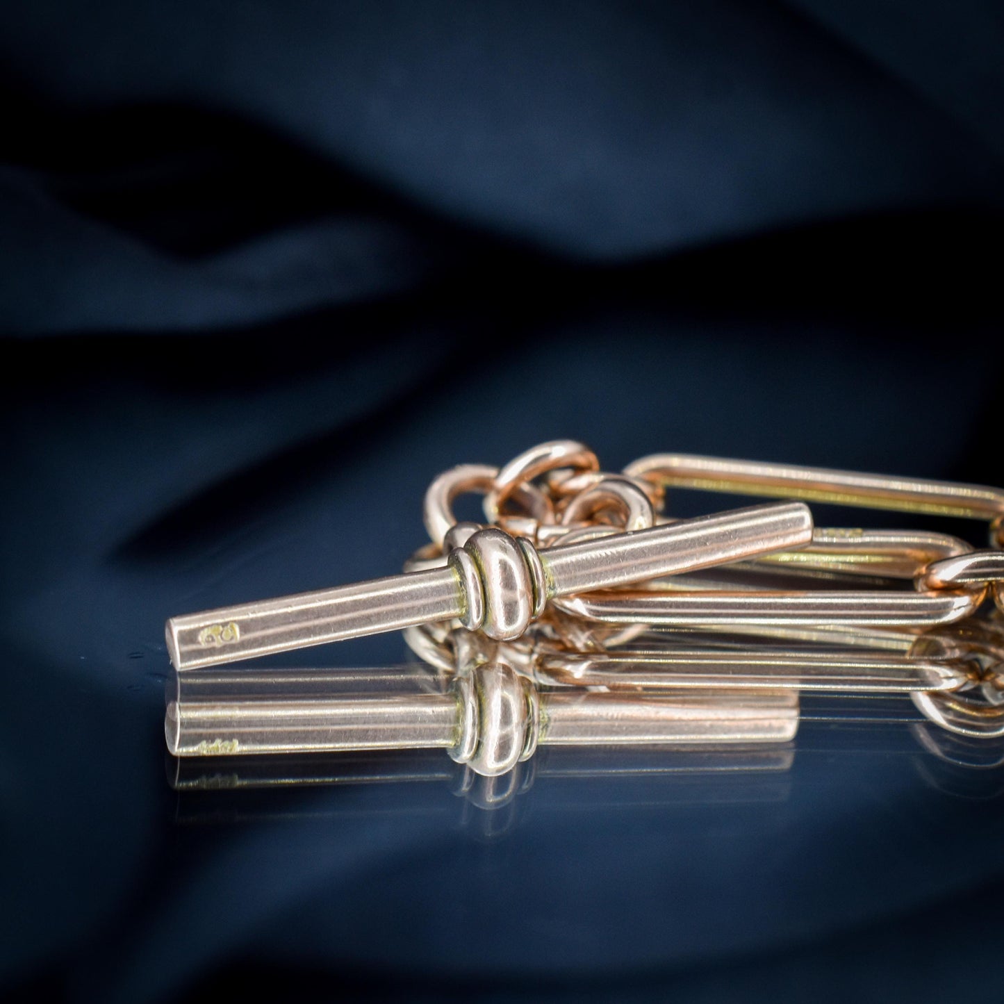 Antique 9ct Rose Gold Trombone Link Albert Chain with Dog Clips and T-Bar | 16.5" length