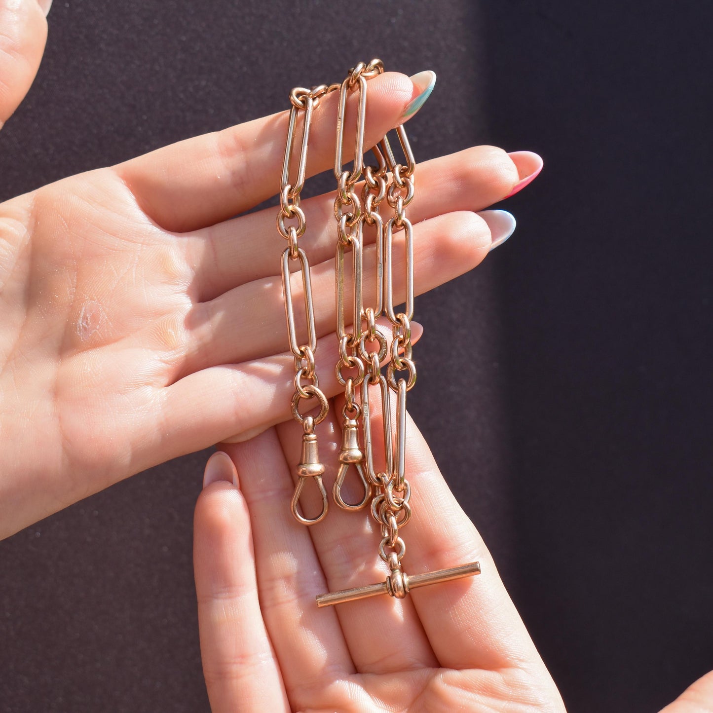 Antique 9ct Rose Gold Trombone Link Albert Chain with Dog Clips and T-Bar | 16.5" length