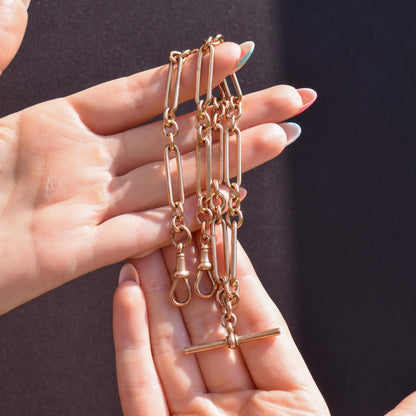 Antique 9ct Rose Gold Trombone Link Albert Chain with Dog Clips and T-Bar | 16.5" length