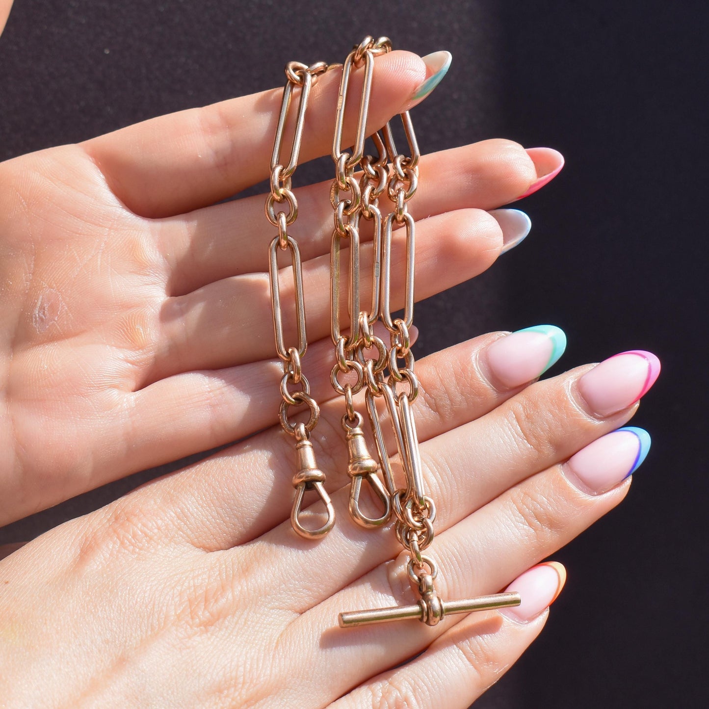 Antique 9ct Rose Gold Trombone Link Albert Chain with Dog Clips and T-Bar | 16.5" length