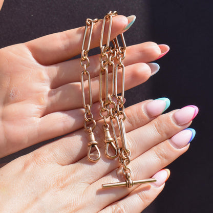 Antique 9ct Rose Gold Trombone Link Albert Chain with Dog Clips and T-Bar | 16.5" length