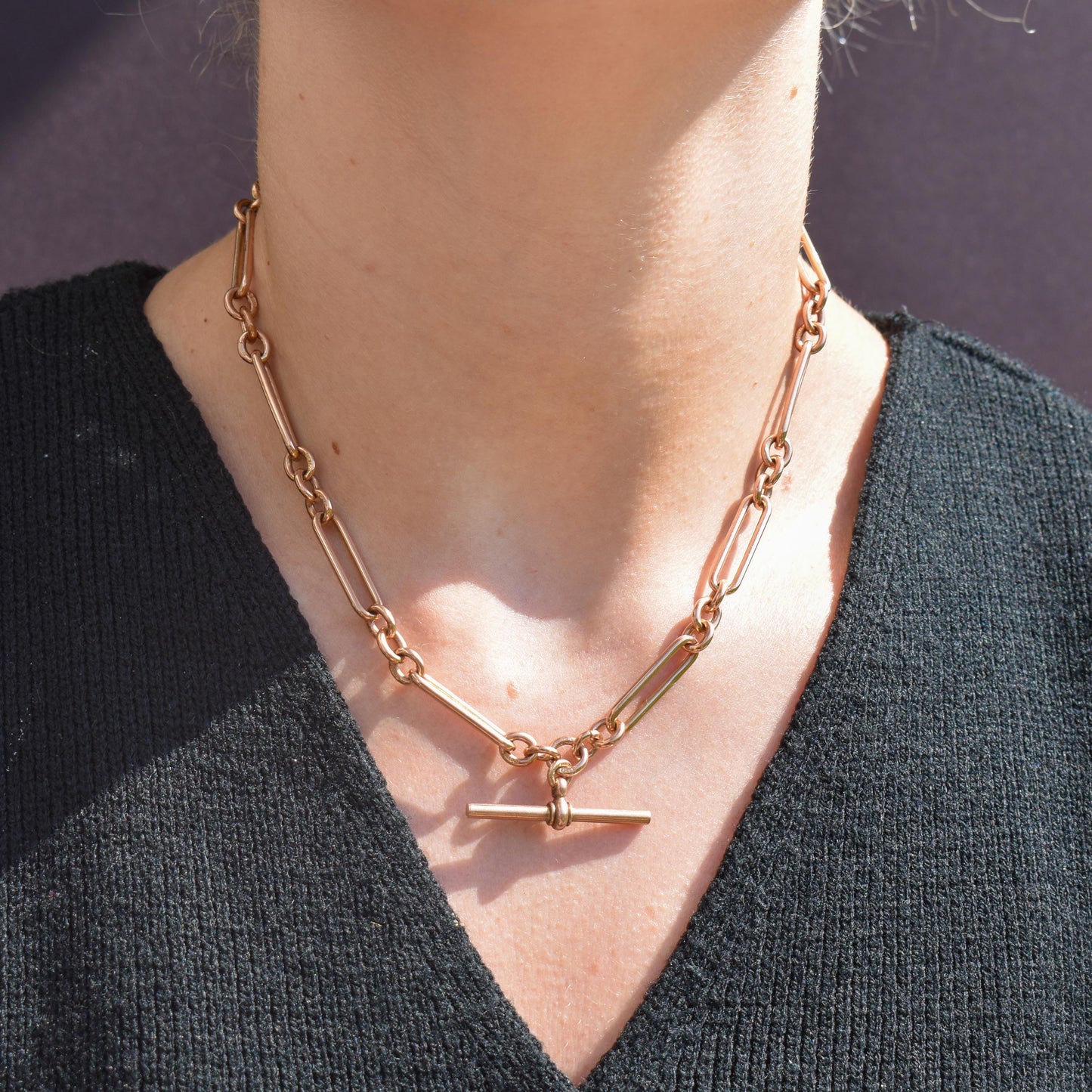 Antique 9ct Rose Gold Trombone Link Albert Chain with Dog Clips and T-Bar | 16.5" length