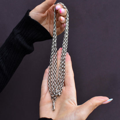 Antique Silver Long Guard Chain Necklace with Dog Clip | 65" Length