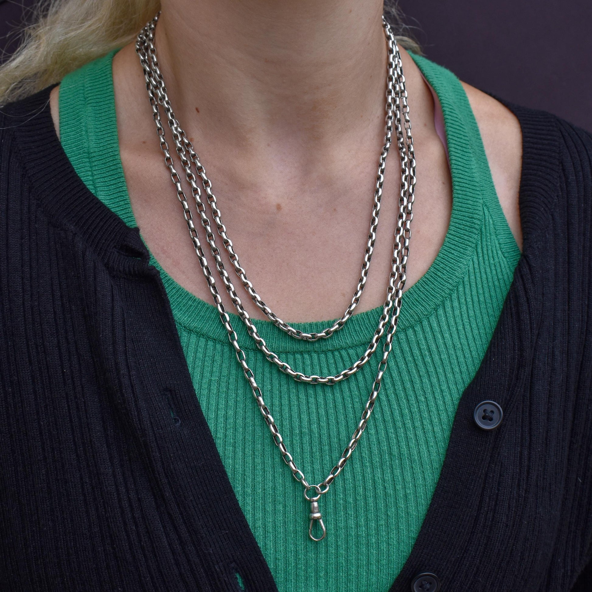 Antique Silver Long Guard Chain Necklace with Dog Clip | 65" Length