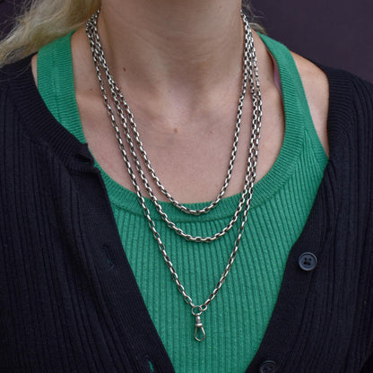 Antique Silver Long Guard Chain Necklace with Dog Clip | 65" Length