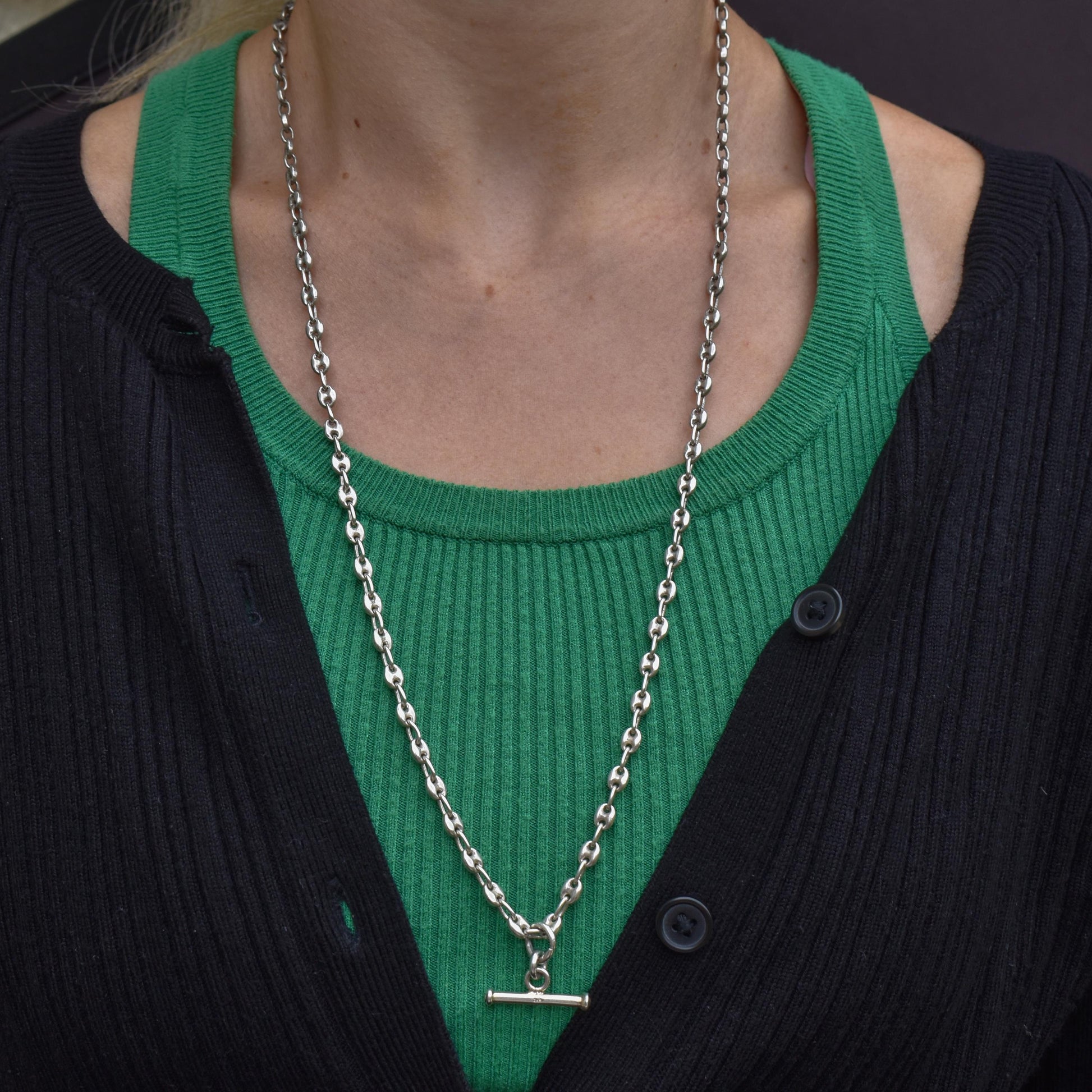 Vintage Sterling Silver 26.5" Mariner Anchor Link Chain Necklace with T-Bar