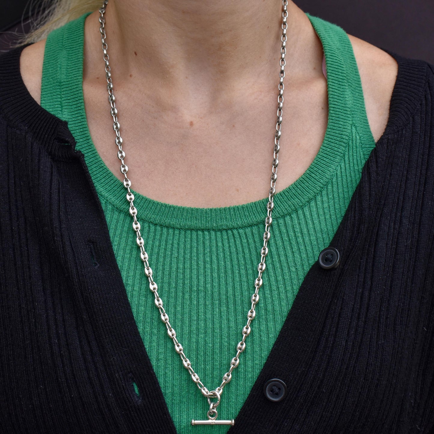 Vintage Sterling Silver 26.5" Mariner Anchor Link Chain Necklace with T-Bar
