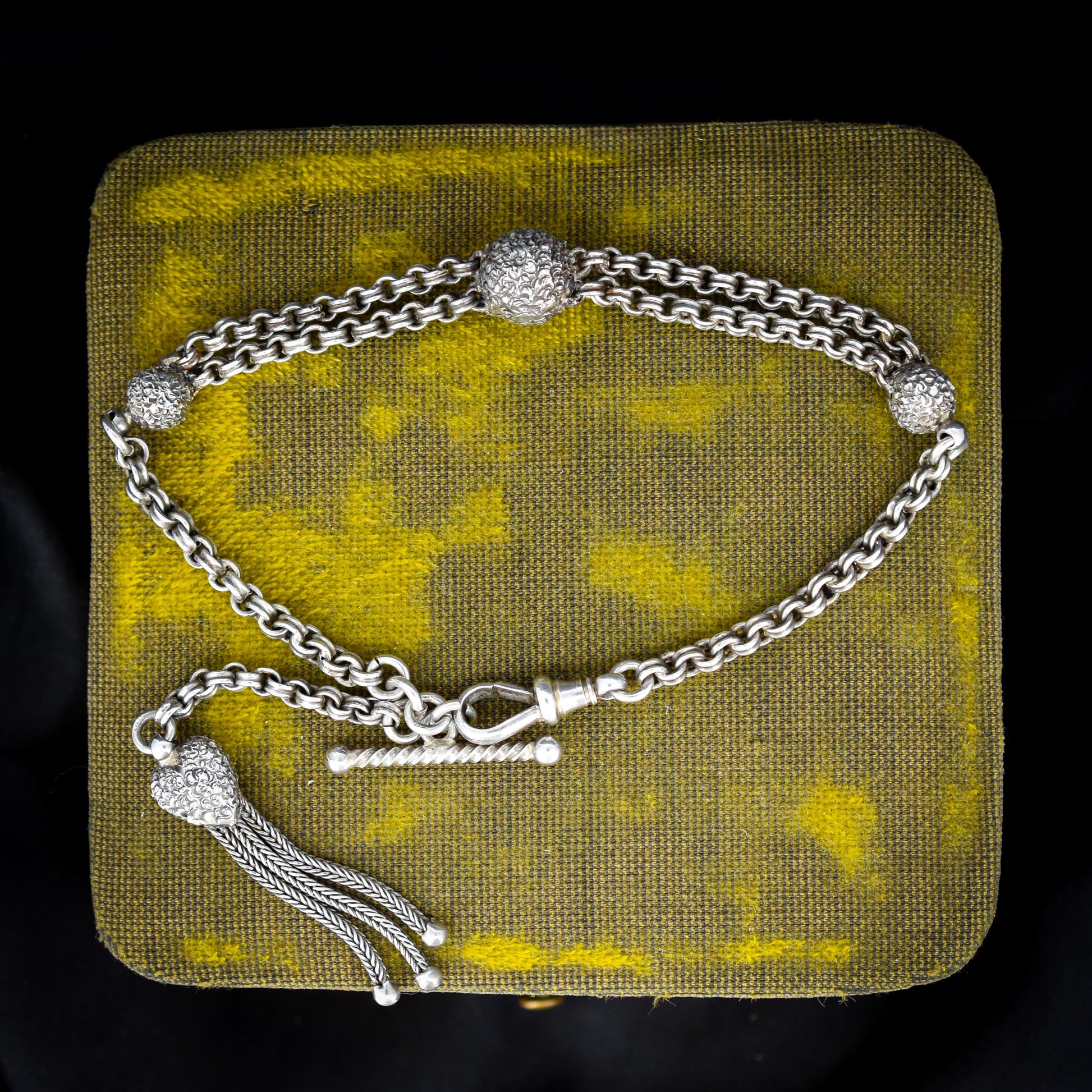 Antique Silver Albertina Albert Watch Chain Bracelet with Heart Tassel | Edwardian