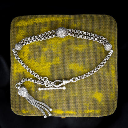 Antique Silver Albertina Albert Watch Chain Bracelet with Heart Tassel | Edwardian