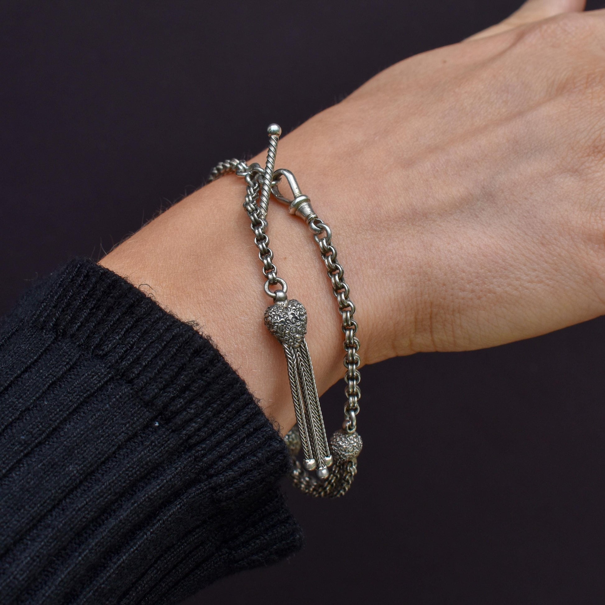 Antique Silver Albertina Albert Watch Chain Bracelet with Heart Tassel | Edwardian