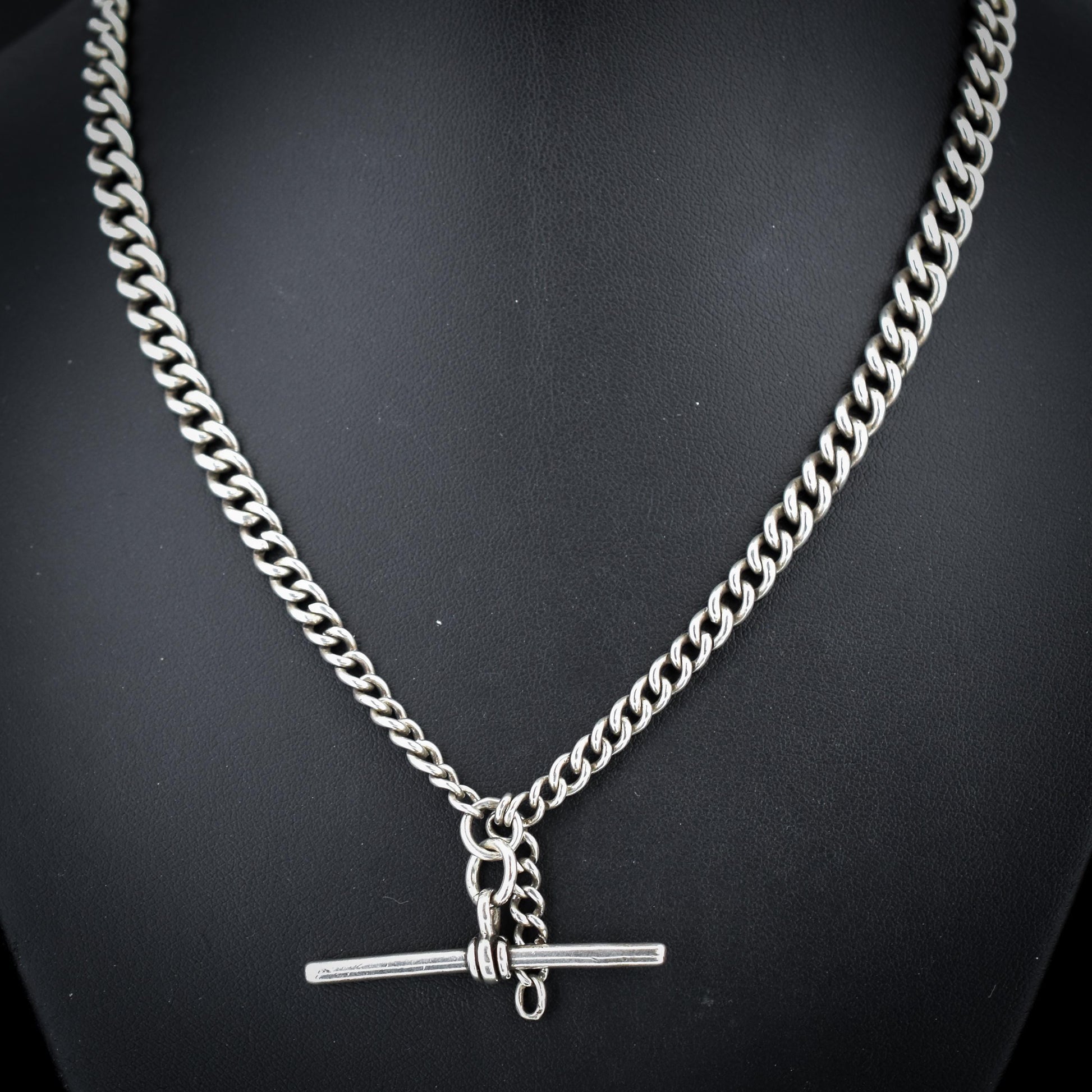 Antique Chester '1910' Sterling Silver Albert Chain Necklace with T-Bar and Dog Clips – 17.5"