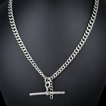 Antique Chester '1910' Sterling Silver Albert Chain Necklace with T-Bar and Dog Clips – 17.5"