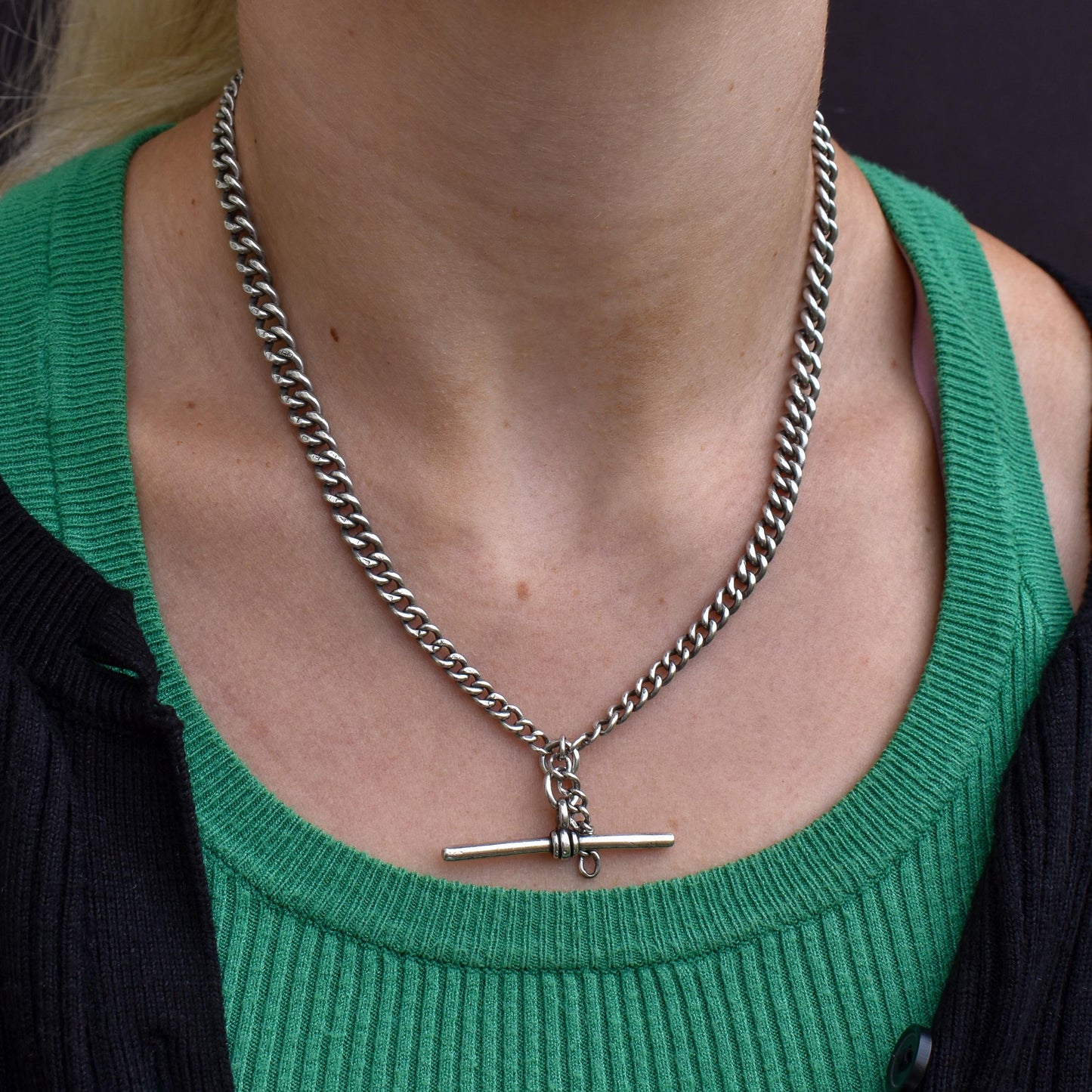 Antique Chester '1910' Sterling Silver Albert Chain Necklace with T-Bar and Dog Clips – 17.5"
