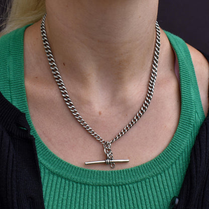 Antique Chester '1910' Sterling Silver Albert Chain Necklace with T-Bar and Dog Clips – 17.5"